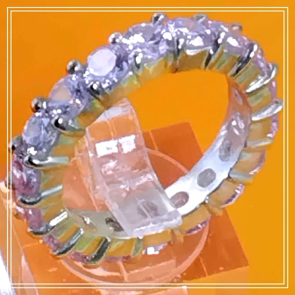 Lavender Round Cubic Zirconia Eternity Band Silver Tone Ring Purple Stone Size 8